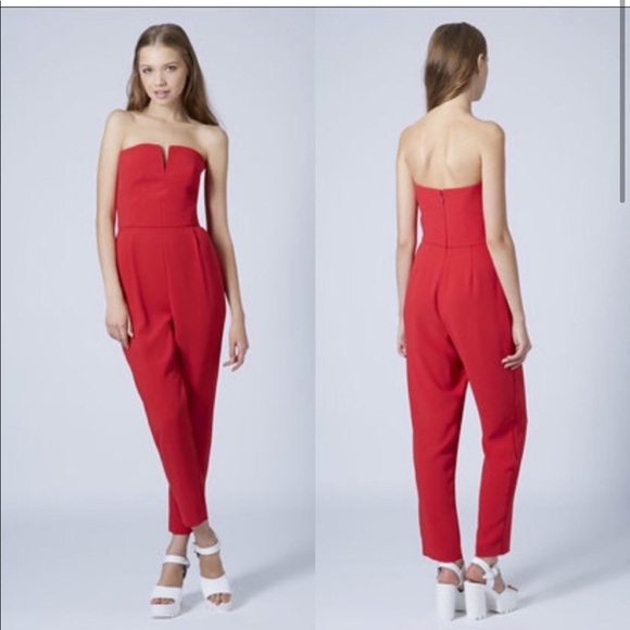 Topshop Plunge Jumpsuit Red Strapless - Picture 2 of 5